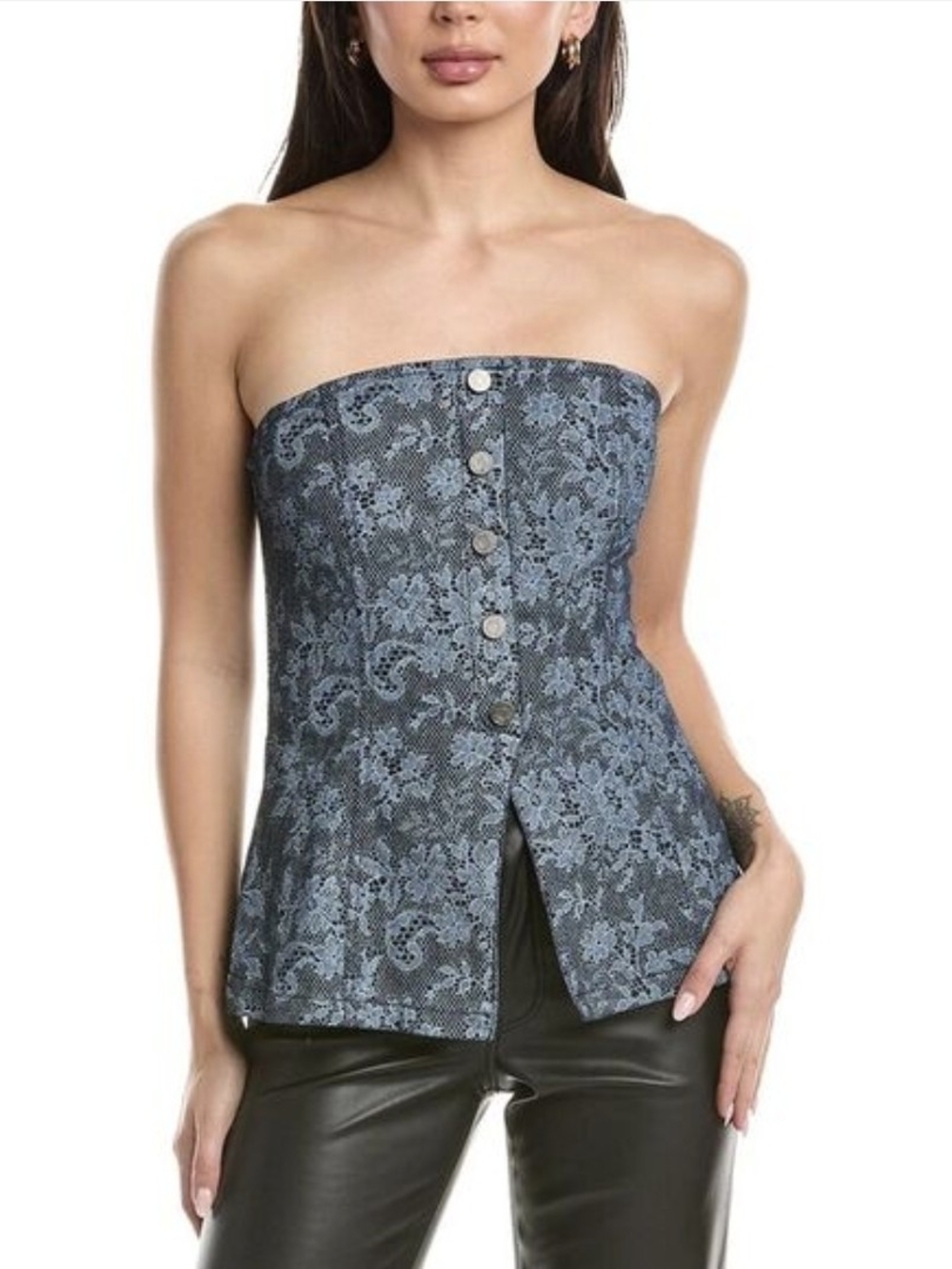 Strapless Blue Lace-Print Button Front Top